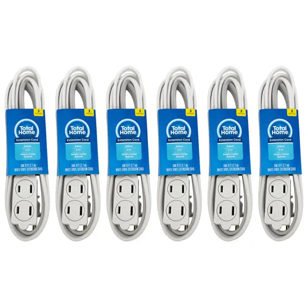 6 Pack - Total Home 3-Outlet Indoor Extension Cord 9 Ft White Total Home
